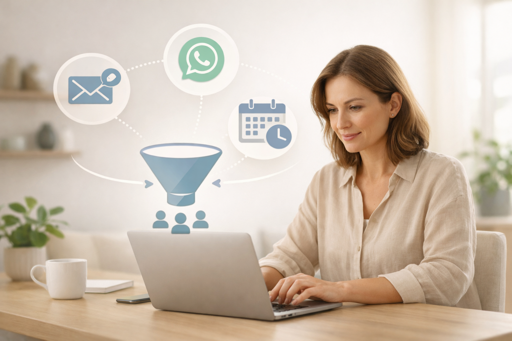 Ondernemer werkt rustig achter een laptop terwijl e-mail, WhatsApp en afspraken samenkomen in één overzichtelijk systeem voor automatische leadopvolging.